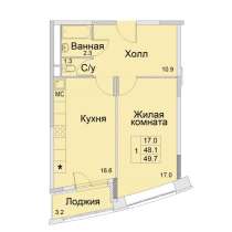 1-к квартира, улица Советская, дом 1, площадь 49,7, этаж 2, в Королёве