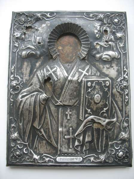 Икона, Николай Чудотворец. Оклад серебро 84,кованный