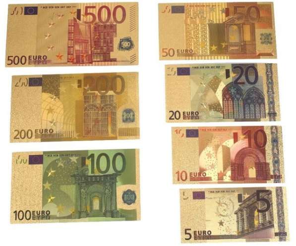 Набор из 7 позолоченных сувенирных банкнот 5-500 евро в Санкт-Петербурге