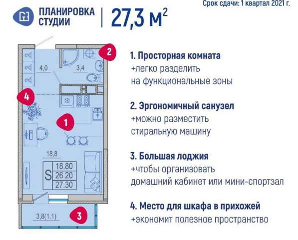 Студия 27 м2 в ЖК Айвазовский в Краснодаре фото 3
