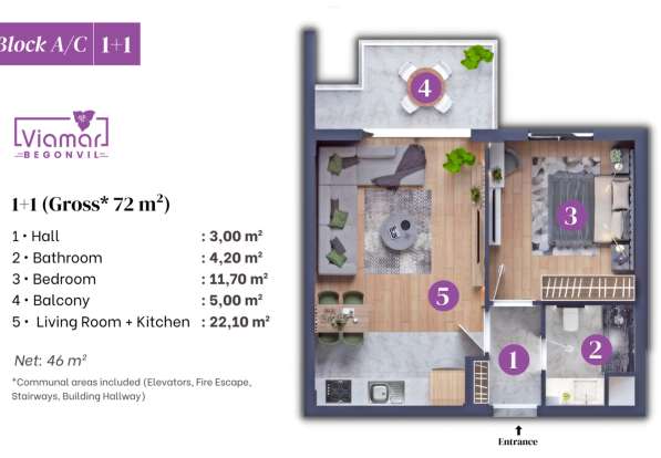 2-к. квартира 72м ² Турция, Анталья, Алтынташ в 