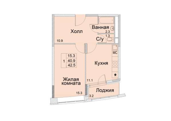 1-к квартира, улица Советская, дом 1, площадь 42,5 этаж 10