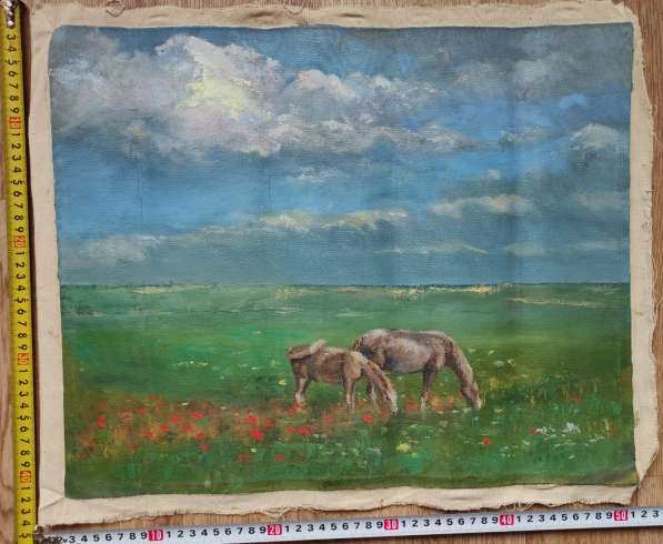 Картина Лошадки на лугу, холст, масло, старая в Ставрополе