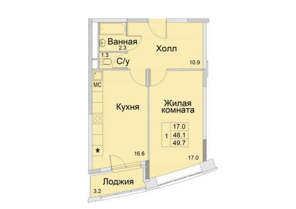 1-к квартира, улица Советская, дом 1, площадь 49,7, этаж 2