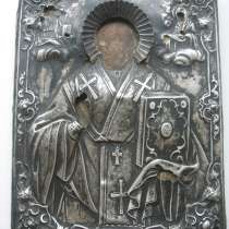 Икона, Николай Чудотворец. Оклад серебро 84,кованный, в Москве